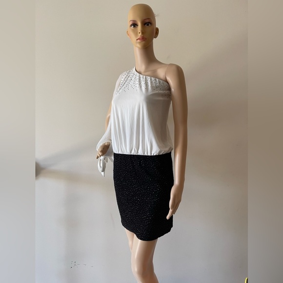 Black and White One Shoulder Ruffle Midi Pencil Dress - Picture 2 of 13
